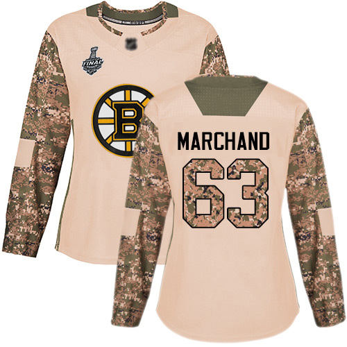 Adidas Bruins #63 Brad Marchand Camo Authentic 2017 Veterans Day Stanley Cup Final Bound Women's Stitched NHL Jersey